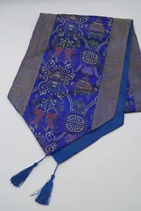 Vintage Chinese Table Runner 78"x13" Blue Silk Brocade Fish, Longevity, Tassels - Picture 1 of 8