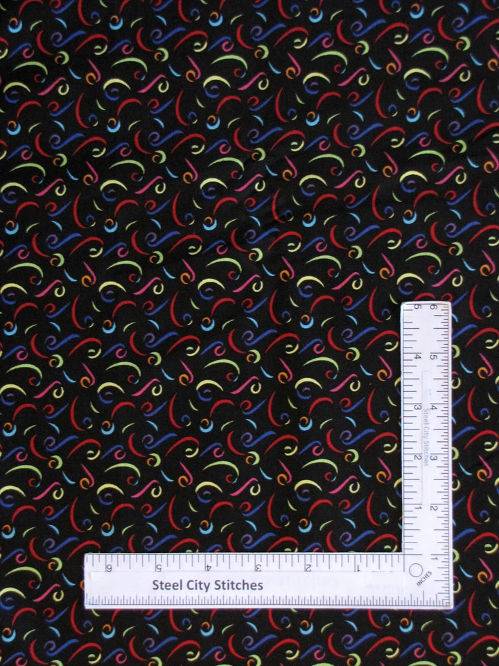 Tela Geométrica Remolino Multicolor sobre Negro Gallery Choice Algodón por Yarda Foto 1 de 1