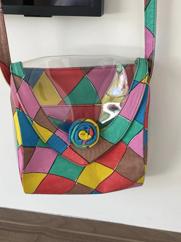 Stuart Weitzman Bag Cross Body 80's Red Green Blue Clear Patent Dust Bag Vintage - Image 1 of 4