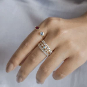 Anillo de promesa de diamantes naturales y piedras preciosas de ópalo 14K - Regalo para el día de la mujer🎁 - Imagen 1 de 9