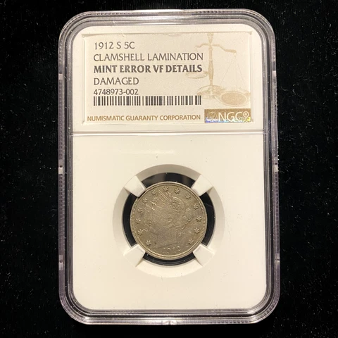 1912 S 5c - V Liberty Head Nickel - NGC VF Mint Error Clamshell Lamination Cover