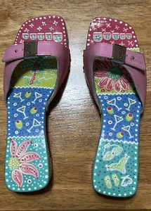 DR SCHOLL'S Vintage Wooden SANDALS, Size 7, Hand Painted, Summer PINK LEATHER - Picture 1 of 6