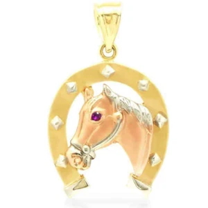 14k Solid Tri-Color Gold Red Ruby Eye Horse Shoe Lucky Charm 3D Pendant - Picture 1 of 4