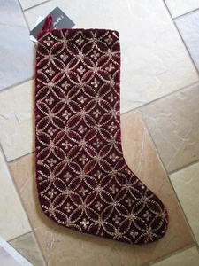 NWT TAHARI HOME Velvet Beaded Burgundy & Gold 22" Christmas Holiday Stocking - Picture 1 of 1