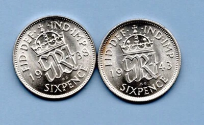 1938 & 1943 SILVER SIXPENCE COINS IN NEAR MINT CONDITION. KING GEORGE VI. - Image 1 of 2