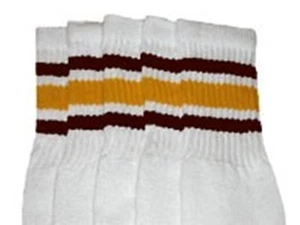22” KNEE HIGH WHITE tube socks with DARK BROWN/GOLD stripes style 3 (22-23)  - Picture 1 of 1