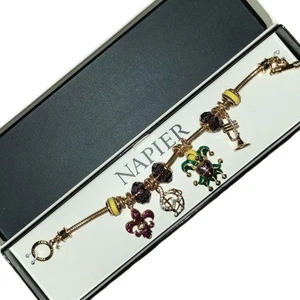 Napier goldfarben Karneval Bettelarmband 7,5" lila gelbe Perlen Fleur-de-Lis - Bild 1 von 6