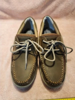 Talla 9.5 Margaritaville Buffet Barco Zapatos Mocasines Con Cordones Cuero Marrón Tostado Foto 1 de 4