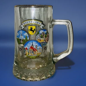 Stuttgart Germany Beer Mug Glass Gold Painted Trim Brim 6 Inch Tall Clear NEW - Picture 1 of 4