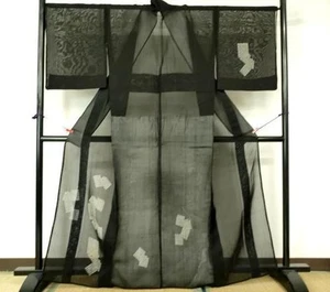 Japanese kimono,SILK ,Summer kimono,”RO"絽 "HOUMONGI”,Plants,Black,L 5' 6",.4587 - Picture 1 of 7