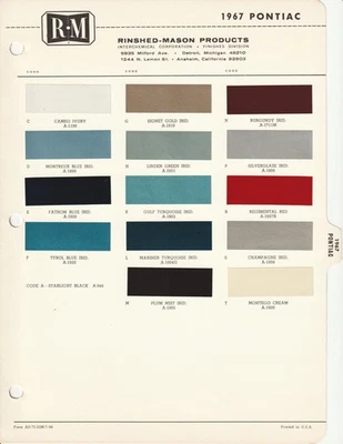 1967 PONTIAC LEMANS BONNEVILLE GTO TEMPEST GRAND PRIX FIREBIRD PAINT CHIPS (R-M) - Image 1 of 2
