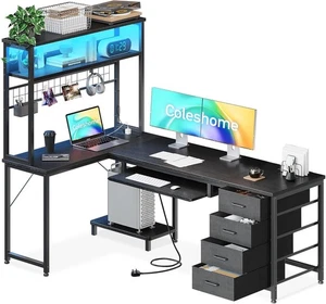Computer Desk with Drawers, 150x100 cm Corner Office Desk with LED Lights & Powe - Picture 1 of 8