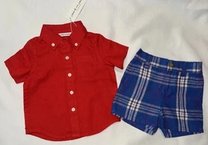 Janie And Jack Boys Size 6-12 M Red Linen Button Down NWT Blue Plaid Shorts EUC - Picture 1 of 9