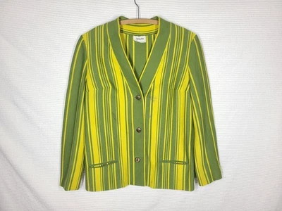 Vtg 60s Knit Blazer Cardigan 100% Wool Lime Green Yellow Stripe Mod Bleyle - Image 1 of 4