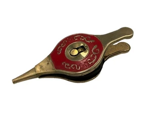 Vintage Kamin Blasebalg goldfarben braun Leder rot Emaille Intarsien Tischfeuerzeug - Bild 1 von 9