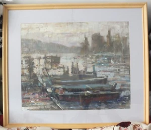 original painting, acrylic Robert Bindloss, river Vitava + boats scene Prague,  - Picture 1 of 6