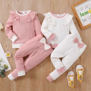 Baby Girls Ribbed Ruffle Long Sleeve Tops Pants Toddler Tracksuit Outfits Set - Picture 1 of 12