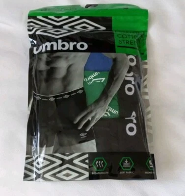 Paquete de 3 calzoncillos boxer Umbro para hombre talla pequeña negro verde azul algodón elástico NUEVO sellado Foto 1 de 4