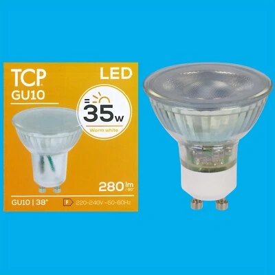10x 3.5W (=35W) TCP LED GU10 Instant On Spot Light Bulbs Lamps Warm White 2700K - Image 1 of 4