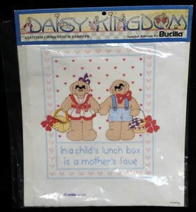 VTG 1991 Bucilla Daisy Kingdom Stamped Cross Stitch Sampler 63279 Bears Lunch - Picture 1 of 10