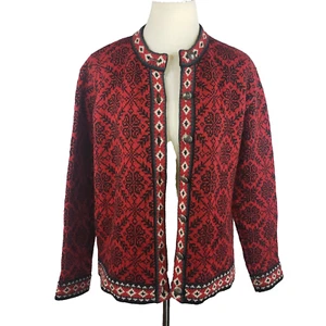LL Bean - Womens Red Snowflake Nordic Style Merino Wool Cardigan Sweater - Med - Picture 1 of 9