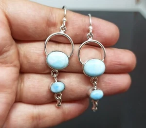 Natural Larimar Gemstone Earring's 925 Sterling Silver Handmade Jewelry Earring - Picture 1 of 2