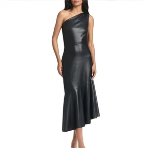 LeatherViz Black One-Shoulder Faux-Leather Midi Dress Flared Gown Size Custom - Picture 1 of 6