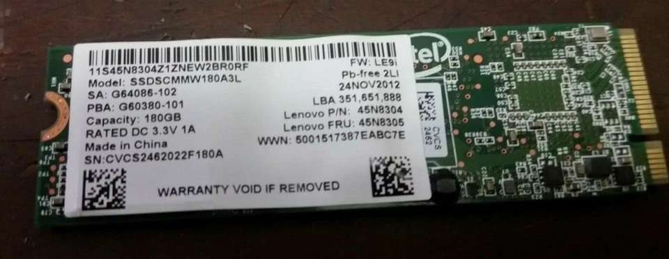 Lenovo Thinkpad X1 Carbon 1st Gen 180GB SSD M.2 SSDSCMMW180A3L 45N8305 45N8304 - Image 1 of 1