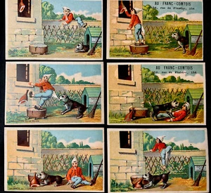 1880s Lot of 6 Au Franc Comtois BOY Stealing HAM DOG Attacks Trade Cards FRANCE - Picture 1 of 11