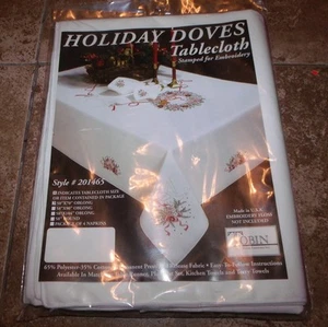 Tobin Stamped Tablecloth HOLIDAY DOVES 50" x 70" Embroidery - Picture 1 of 3