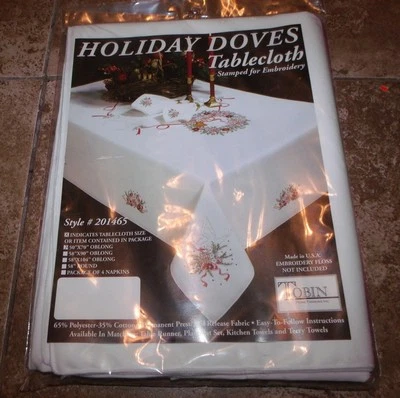 Tobin Stamped Tablecloth HOLIDAY DOVES 50" x 70"  Embroidery  - Image 1 of 3