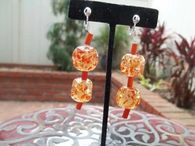 Gorgeous Speckled Orange Square & Orange Wood Bead Dangling Clip On Earrings - Image 1 of 3