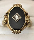 Vintage 10K Yellow Gold Oval Black Onyx Diamond Accent Ring Size 6