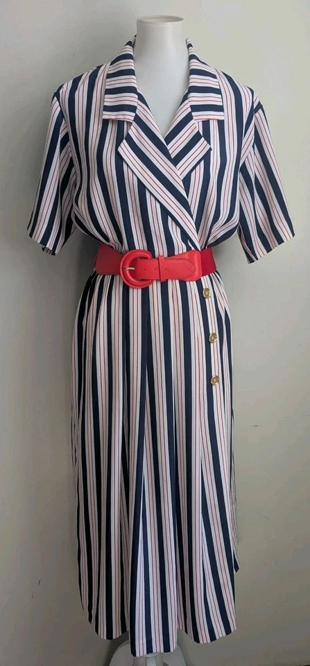 Antigo Vestido Camisa Secretário Anos 80 Personalizado Vermelho Branco Azul Listra Cinto Curto Slv 8 10 - Imagem 1 de 4