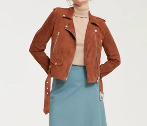 Leather Jacket Women Brown Biker Moto Pure Suede Custom Made Size S M L XL XXL - Picture 1 of 5