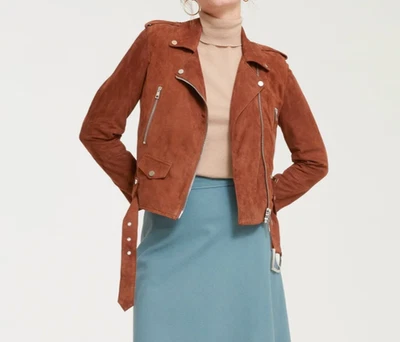 Leather Jacket Women Brown Biker Moto Pure Suede Custom Made Size S M L XL XXL - Image 1 of 4