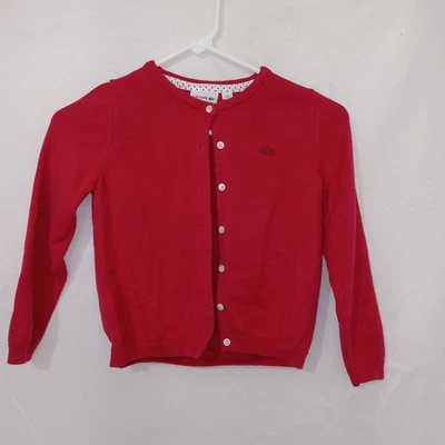 Cárdigan con botones de manga larga para niñas Lacoste rojo lana algodón suéter talla 8 Foto 1 de 4