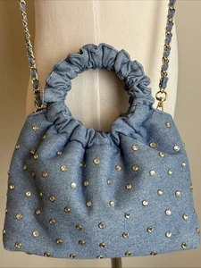 Alessia Rhinestone Studded Blue Denim Top Handle Crossbody Bag Purse New - Picture 1 of 8