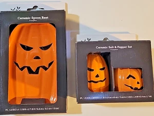 celebrate ceramic halloween pumpkin salt pepper shaker spoon rest set new - Picture 1 of 4