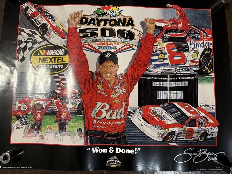 Póster firmado Daytona 500 Sam Bass 2004 Dale Jr Budweiser NASCAR #8 Foto 1 de 3