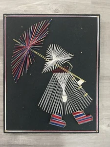 Vtg Umbrella Girl  String Art Mid Century  Nail String Art On Black Felt MCM - Picture 1 of 10