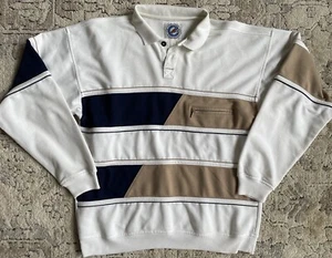 Greenline International White Black Tan Rugby Long Sleeve Polo Shirt Men's L Vtg - Picture 1 of 6