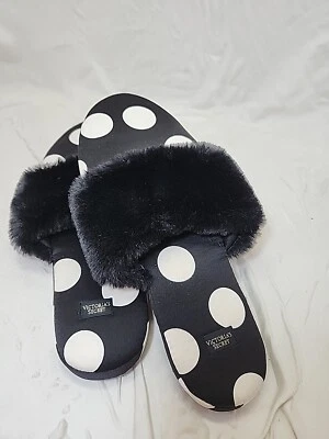  VICTORIA'S SECRET Furry Closed-Toe Mule Slippers Size Large Polka dot.  New - Image 1 of 4