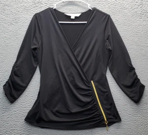 Nicki Minaj Blouse Womens Medium Black Stretch Ruching Gold Zipper Wrap V Neck - Picture 1 of 10