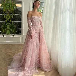 Pink 3DFlowers Wedding Dresses Strapless Sequin Long Sleeve A Line Bridal Gowns - Picture 1 of 7