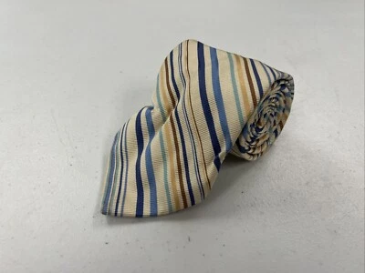 Мужской галстук Neiman Marcus бежевый и синий в полоску из шелковой хлопковой смеси 128 долл. США - Изображение 1 из 4