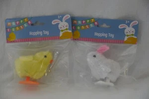 HOPPING WIND UP TOY 3.5" Fuzzy White Rabbit And Baby Chick Easter Toy Set Of 2 - Picture 1 of 2