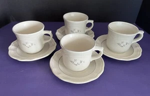 Pfaltzgraff Heirloom (4) Flat Cup & Saucer Sets Grey & White Flowers Scalloped - Picture 1 of 11