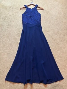 Flower Girl Junior Bridesmaid Dress Open Back Lace Maxi Gown Navy Children L 12 - Picture 1 of 6