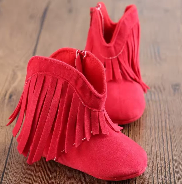Baby Toddler Girls Suede Red Fringe Boots | Kids Soft Slipper Shoes | NEW! - Image 1 of 1